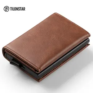 ที่ใส่บัตรเครดิตป้องกัน RFID หนัง,กระเป๋าสตางค์ป๊อปอัพอัตโนมัติกระเป๋าสตางค์คลิปหนีบเงินเคสใส่บัตรคู่