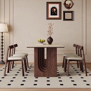 Table à manger japonaise Wabi-Sabi vintage en bois massif avec plateau en <span class=keywords><strong>pierre</strong></span> frittée, style français rétro du milieu du siècle, avec fonction de démontage - Product Image 4