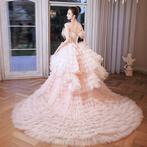 Pink Halter Neck Tulle Wedding Dress Empire Waist Ball Gown Princess Style Cake Skirt Elegant Banquet Dress - Product Image 5