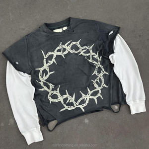 T-<span class=keywords><strong>shirt</strong></span> personnalisé impression ourlet brut Vintage pierre en détresse lavé à l'acide t-shirts graphiques t-<span class=keywords><strong>shirt</strong></span> double couche à manches longues T-<span class=keywords><strong>Shirt</strong></span> patron - Product Image 3