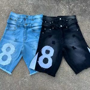 กางเกงยีนส์ขาสั้นผู้ชายแบบถัก ระบายอากาศได้ดี สไตล์วินเทจ ล้างสีแบบแอซิด เอวกลาง ทรงหลวม ขาตรง แต่งขอบรุ่ย ขาดๆ - Product Image 1