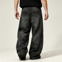 Jean en denim oversize pour homme, noir délavé, coupe ample, jambe large, déchiré, effet vieilli, style Hip Hop Streetwear, vente en gros OEM