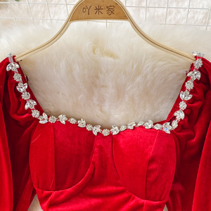 Nuova moda elegante collana bordo manica lunga abito di <span class=keywords><strong>velluto</strong></span> da donna abiti sottili - Product Image 3