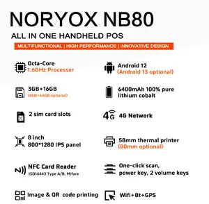 Noryox NB80 Android 12 Handheld Android Pos Terminal With Touch Screen 4G Mobile Bluetooth NFC 3GB 16GB Handheld Pos