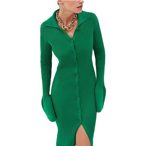 2022 primavera abito da donna lavorato a <span class=keywords><strong>maglia</strong></span> di alta qualità bottoni chiusura Slim aderente o-collo manica lunga abito maglione - Product Image 1