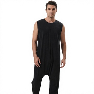 Combinaison sans manches unisexe à col rond, noire unie, respirante, 100% coton, shorts longueur genou, fermetures éclair, vêtements de sport simples, coupe adulte - Product Image 6