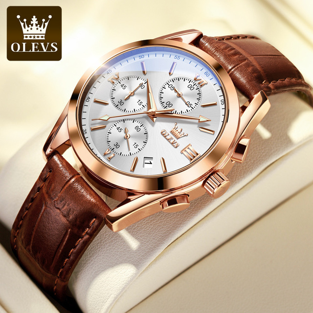 OLEVS Men Watch Luxury Top Brand Breathable Leather Quartz Watch Waterproof Sport Watch Man's Chronograph Luminous Wristwatch