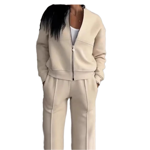 <b>Women's</b> New Fashion European American Style Zipper Cardigan Straight <b>Pants</b> <b>Suit</b> Sets <b>for</b> Autumn Solid 2-in-1 Design - Product Image 4