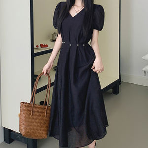 <span class=keywords><strong>Femme</strong></span> Noir pour Tencel Mince Robe Ample Mi-Longueur Taille Réduction Niche avec Style Décontracté - Product Image 2