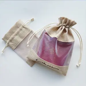 Small Jute Bottle Mini Draw String Bag Jute Burlap Jewelry Gift Bag With Organza Clear Window