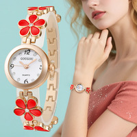 W032 Jam Tangan Wanita Bulat Quartz Casing Rose Gold Gelang Bunga Dial Berhias Rhinestone Jam Tangan Wanita Manis Grosir