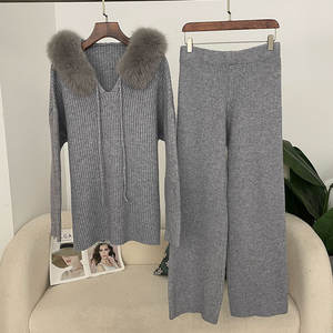 Costume pull d'hiver 2025 pour femme avec col en renard solide pull à capuche en tricot long et <span class=keywords><strong>pantalon</strong></span> slim haut vêtements - Product Image 6
