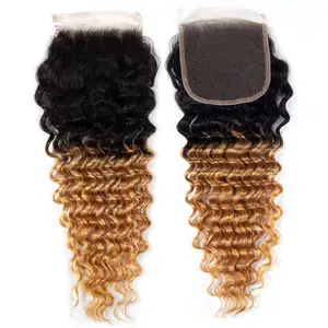 Three Ombre Colored Human Hair Lace Closure, Deep Wave Curly Lace Front Closure 1B 4 27 Ombre Colored Virgin Human Hair