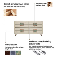Buffet de rangement de luxe moderne italien en bois massif blanc laqué avec pieds en acier inoxydable doré, 1,5 m+, écologique