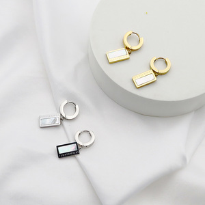 Pendant Earrings Zinc Alloy Mother Of Pearl Bezel Setting Geometric Lock Shape Gold Steel Color Fashion Dangle Earrings - Product Image 4