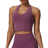 Débardeur de yoga halterneck simple à col en V profond, respirant, très élastique, maintien élevé, en Spandex/Nylon, avec dos flatteur