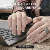 Faux ongles carrés courts à couverture complète, style INS français, pré-dessinés, en ABS, motif pois, effet œil de chat, avec nœuds