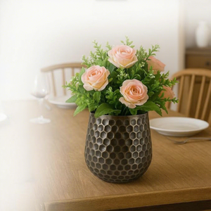 Modern Silver Glass flower pot With Honeycomb Pattern And Artificial Pink <b>Rose</b> Flower Arrangement - Product Image 4