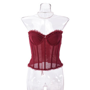 Top corsé transparente de encaje sin tirantes con volantes para mujer - Top bustier con varillas y efecto push-up a la moda - Product Image 5
