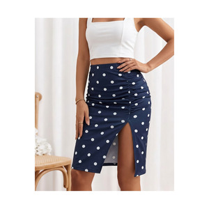 Women's Front Slit Scuba Fabric Midi <b>Skirt</b> 65 Cm Polka Dot Design High Waist Pencil <b>Skirt</b> For <b>Office</b> Or Casual Wear - Product Image 4