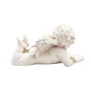 Statuetta di Cherubino in Resina Bianca Anticata, Sdraiato con Libro, Piccola Statua Decorativa di Angelo per Casa, Ufficio, Libreria, Giardino - Product Image 4