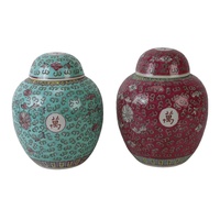 RZPV11-A-B Jarre à gingembre en céramique Chinoiserie, fond turquoise, Famille Rose, motif floral et caractères chinois de longévité, centre de table