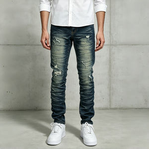 Pantalon en jean ajusté vintage populaire, délavé au sable, avec détails déchirés subtils pour un look urbain décontracté - Product Image 1