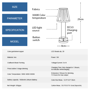 Nhà Máy Bán Buôn Nhà Hàng Cafe Xách Tay USB Có Thể Sạc Lại Vải Chụp Đèn Không Dây Bảng Đèn Ánh Sáng Ban Đêm - Product Image 3
