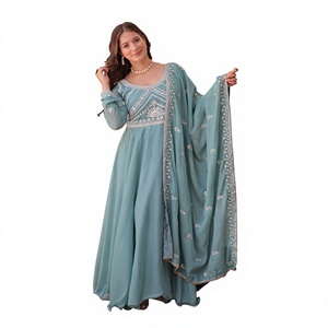 Ensemble Kurti en rayonne imprimé numérique bleu ciel pour femme avec dupatta, coupe ample, longueur cheville, tenue décontractée traditionnelle indienne et pakistanaise - Product Image 1