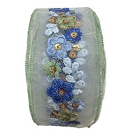 Ruban en organza brodé floral, dentelle transparente à fleurs bleues, détails brodés au fil doré, accessoires de mode pour femmes