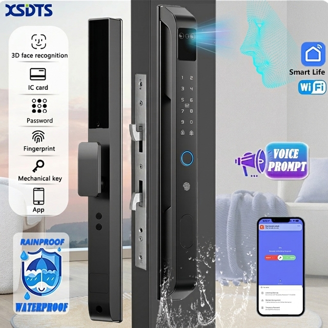 XSDTS DQ09 Smart Lock 3D Face Unlock Fingerprint Keyless Entry Door Lock WiFi Tuya Remote Control Waterproof for Outdoor Gate