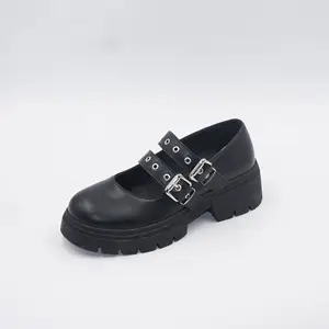 Туфли-лодочки на плоской подошве с круглым носком и металлической пряжкой для девочек, 2024