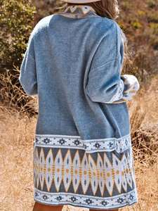 Maglione <span class=keywords><strong>Cardigan</strong></span> lungo Vintage in maglia azteca aperta anteriore per donna geometrico autunno - Product Image 2