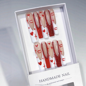 <span class=keywords><strong>Uñas</strong></span> Postizas de Alta Calidad con Diseño de Corazón Rojo, Hechas a Mano, Cobertura Completa, Forma Cuadrada, <span class=keywords><strong>Uñas</strong></span> Postizas Largas Tipo Ataúd - Product Image 4