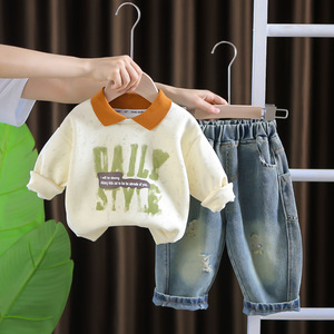 90 कपास की लंबी आस्तीन टी-ब्लू डेनिम पैंट सेट दैनिक स्टाइल प्रिंट शरद ऋतु आकस्मिक पोशाक - Product Image 2