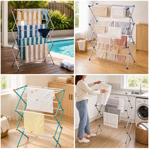 Séchoir à <span class=keywords><strong>linge</strong></span> pliable et rétractable en métal Dreamland en stock pour l'organisation et le rangement des vêtements et serviettes - Product Image 6