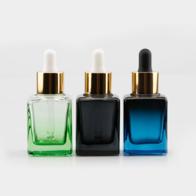 Hot 15ml 35ml gradual blue green black square Empty cosmetic custom skincare essential oil glass dropper bottle with golden lid