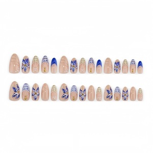 30 faux ongles amande vintage français bleus et blancs à fleurs, amovibles, à presser, pour la maison, le salon, et les fournitures de manucure DIY - Product Image 4