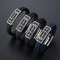 Gelang Kulit Pria dengan Gesper Magnetik, Anyaman, Aksesoris Rantai Tangan Motif Bunga Salib Vintage
