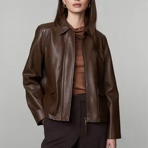 Chaqueta recortada de cuero a la moda para mujer, ropa de calle personalizada, chaqueta de cuero de camionero Pu de diseñador Vintage clásico para mujer