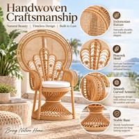 Fauteuil Paon en Rotin Naturel Tressé à la Main avec Coussin pour Salon, Hôtel, Resort