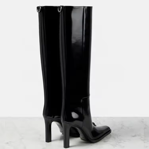 Long Booties <b>Women</b> Knee-High Boots <b>Black</b> Shiny Pointed Toe Chunky Leather <b>Women's</b> <b>shoes</b> Designer Knee-high ladies <b>Shoes</b> - Product Image 3