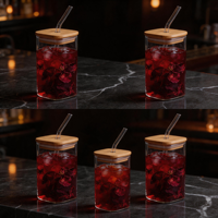 Gobelet en verre carré de 350 ml (12 oz) pour bière, cocktail, jus, lait, café glacé, thé, compatible avec le micro-ondes et le lave-vaisselle, avec couvercle en bambou et paille en verre