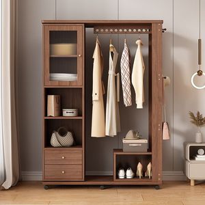 Perchero de madera maciza con estante de almacenamiento y espejo, perchero para dormitorio, organizador multifuncional, color nogal - Product Image 4