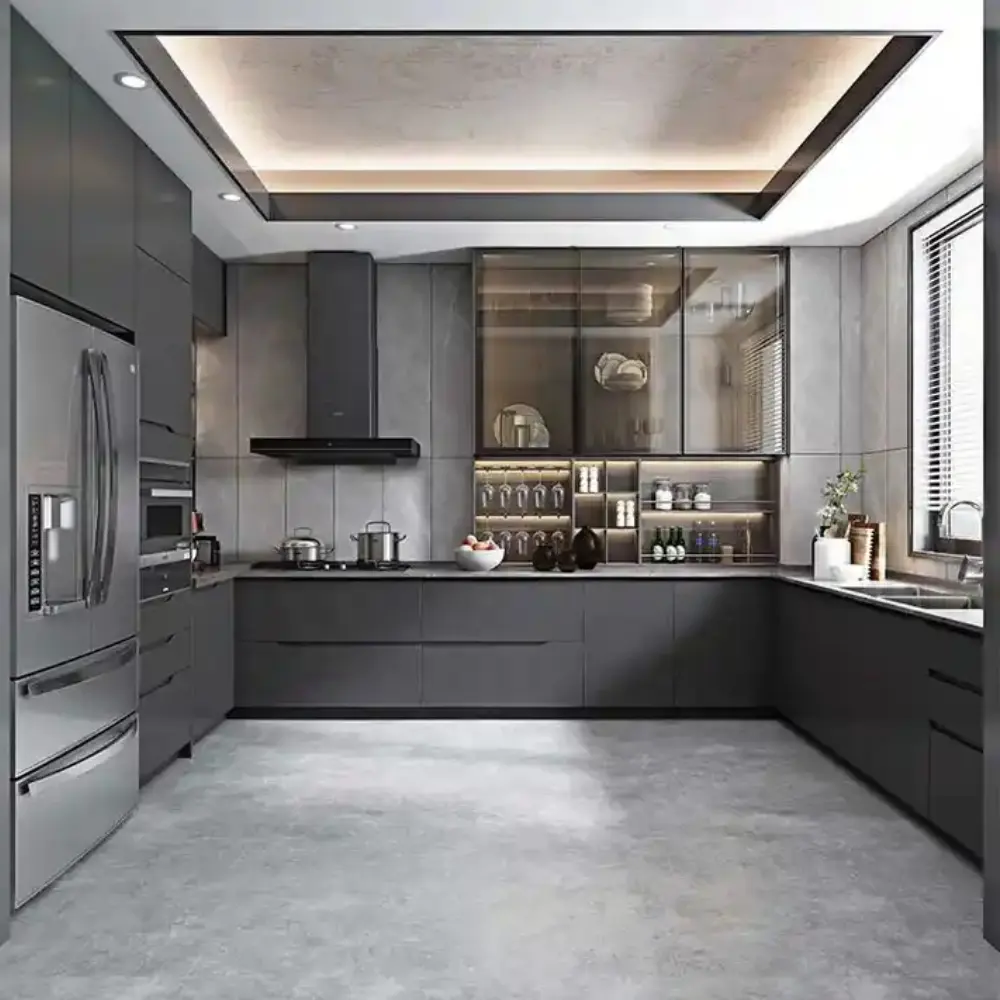 CBMmart Modern Design Handless MDF board Kitchen Cabinets High Gloss Lacquer Kitchen Cabinet with Island