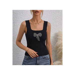 Débardeur noir pour femme avec broderie nœud, en maille côtelée, sans manches, col carré, taille standard SMLXL - Product Image 2