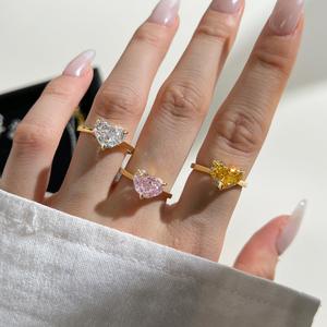 Keluaran baru S925 cincin zirkonia kubik 8A CZ hati Oval warna-warni perak murni cincin janji pernikahan berlapis emas 18K untuk wanita - Product Image 4