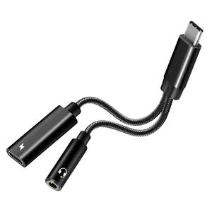 USB C ke 3.5mm 2 In 1 pemisah adaptor Audio, Headphone Jack AUX, Tipe C PD 60W, kabel kepang nilon dengan suara HiFi