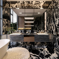 Meuble de salle de bain moderne autoportant en marbre naturel, avec lavabo en pierre, miroir LED et éclairage intégré