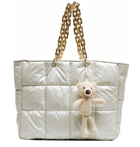 ホワイトカラーポリエステルキルティングトートバッグコットンパッド入りダウンフェザー生地フグショルダーバッグ - Product Image 1